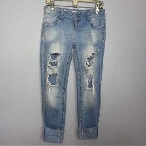 Almost Famous Distressed Blue Ankle Cropped Jeans Size 5 EUC